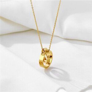 18K Gold Plated Stainless Steel Double Ring Necklace Minimalist Interlocking
